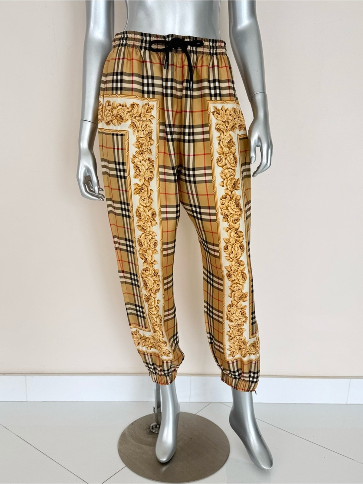 Burberry Dull Gold Scarf Border Women Silk Pants Size 6 Us Authentic